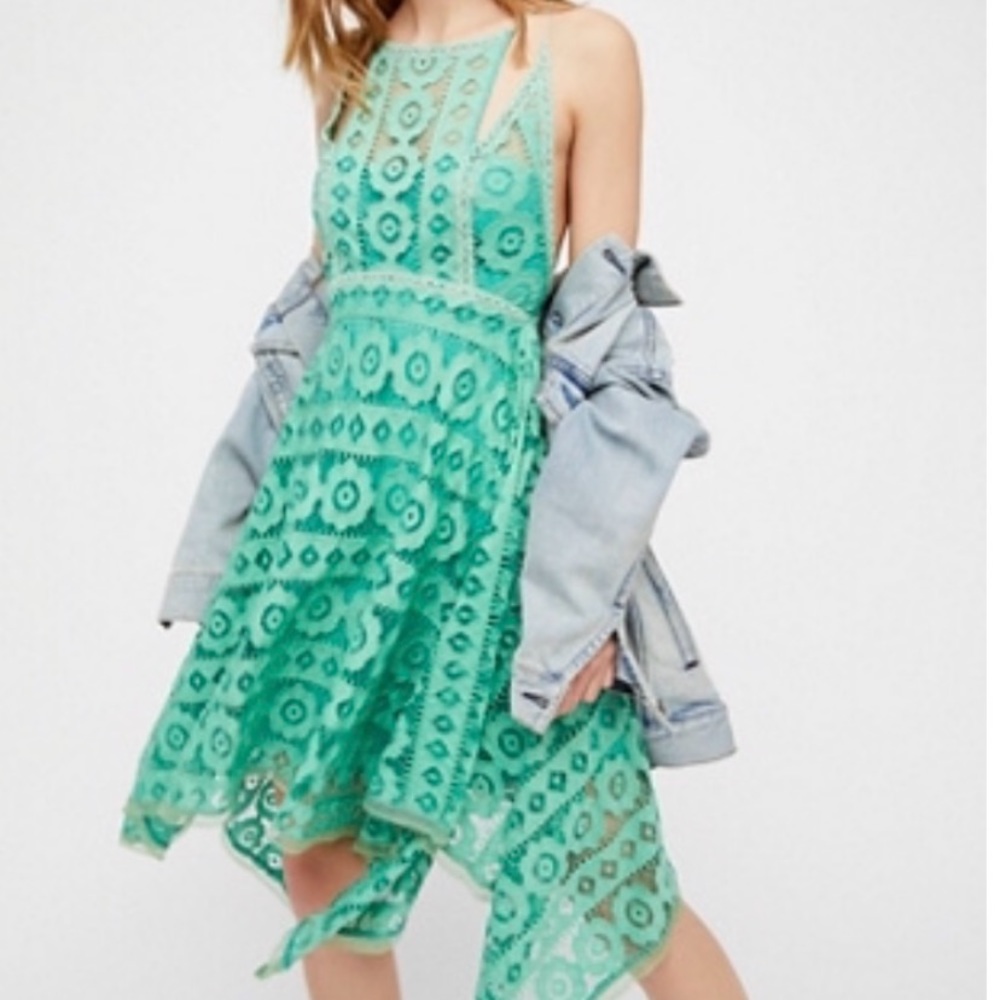 Green floral lace Free People dress.